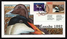 CANADA, SCOTT # 1180 and FWH8, YEAR 1992 HANDPAINTED MILFORD DUCK FDC COVER