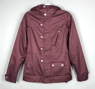 Burton Recruit Ski Snowboard Jacket Womens S Burgundy Zip Snap Hooded Dry Ride