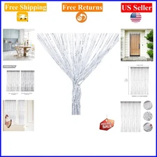 White Polyester Door String Curtain with Silver Glitter Fringe, 79 x 39 in