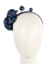 Navy leather flower winter racing fascinator by Max Alexander. RRP: 119.95