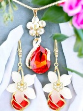 Gold plated red and white Crystal Flower necklace earrings set