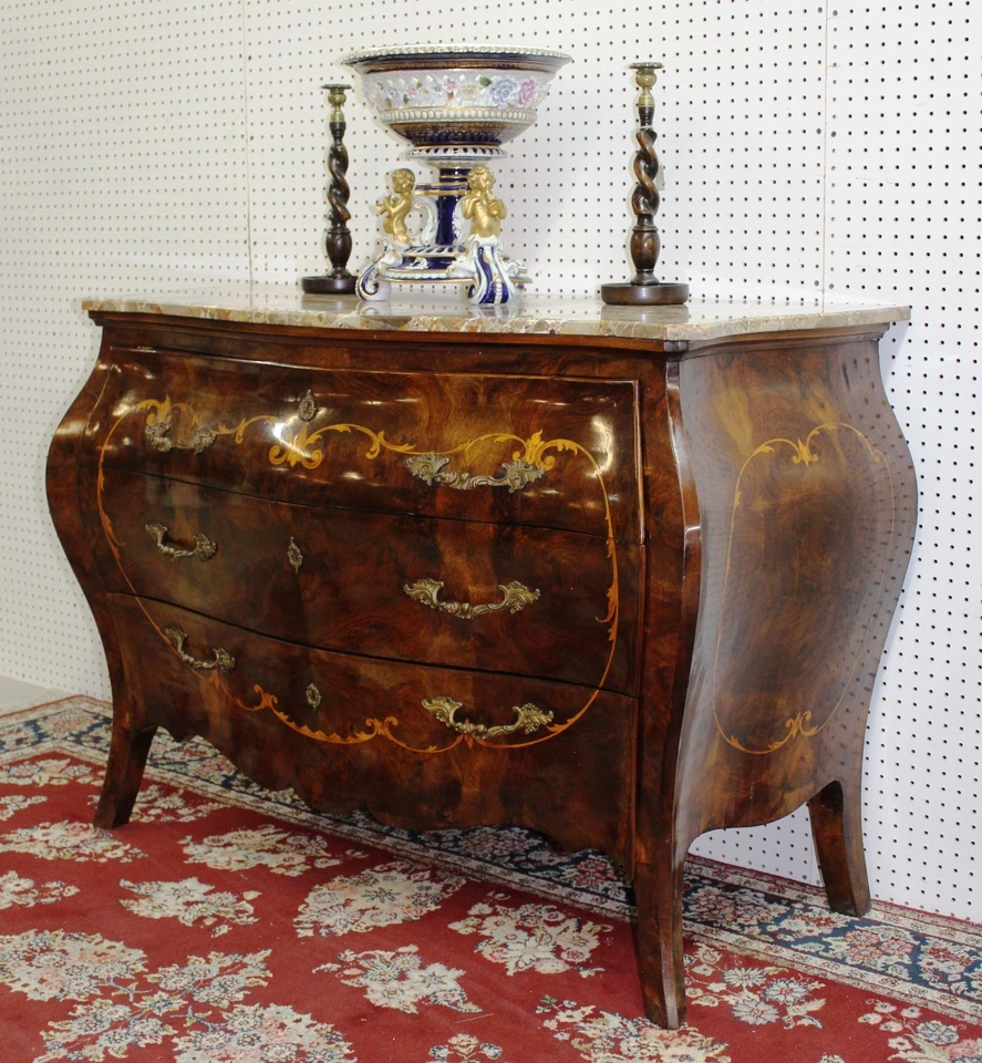 古董乡村法国 Burl 核桃大理石上衣孟买控制台入口箱 C1890 — 第 2/4 张图片