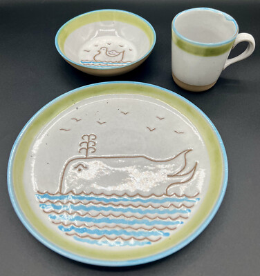 Gordon & Jane Martz Marshall Studio Pottery Childs Set Whale Plate Duck Bowl Cup
