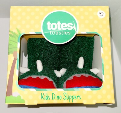 Totes Toasties Kids Dino Slippers Size M (13-1) Faux Fur Green