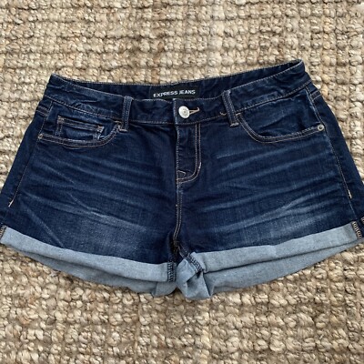 EXPRESS JEANS Shorts Womens 8 Mid Rise Dark Wash Blue Denim Rolled Up Jean Cuff