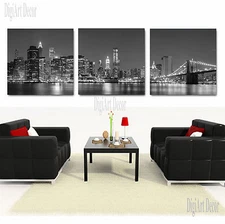 NYC SKYLINE/MANHATTAN NIGHT framed 3 piece canvas wall art/better than stretched