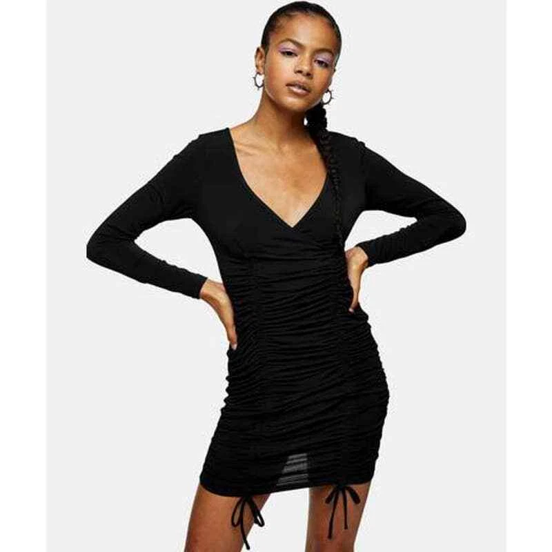 TOPSHOP Women s Solid Black V Neck Ruched Side Slinky Long