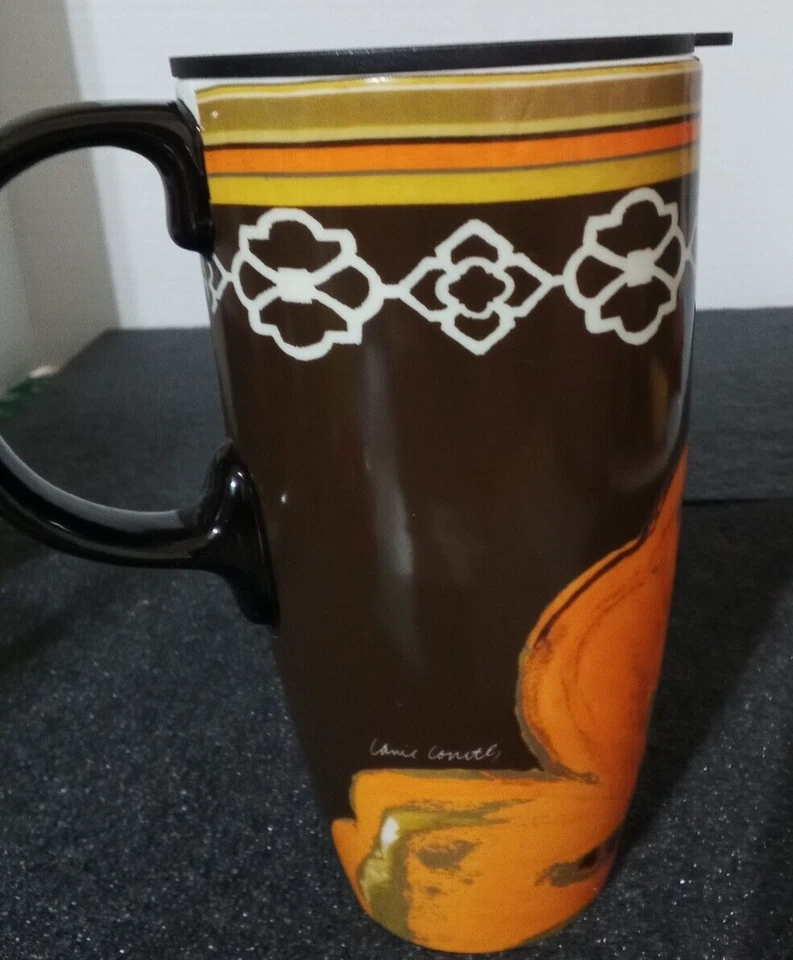 Taza de viaje de cerámica de ciprés firmada Camil 12 oz naranja, verde, marrón, flor blanca Foto 3 de 4