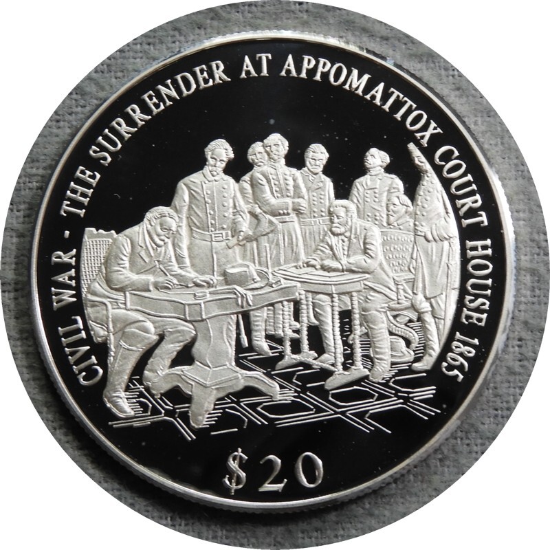 elf Liberia 20 D 2000 Civil War Lee's Surrender Appomattox 1865 Silver