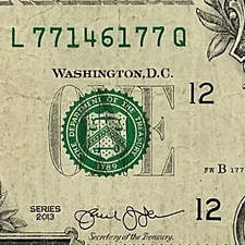 Doubles Bookend Fancy Serial Number 2013 One Dollar Bill L77146177Q FW Print 77s