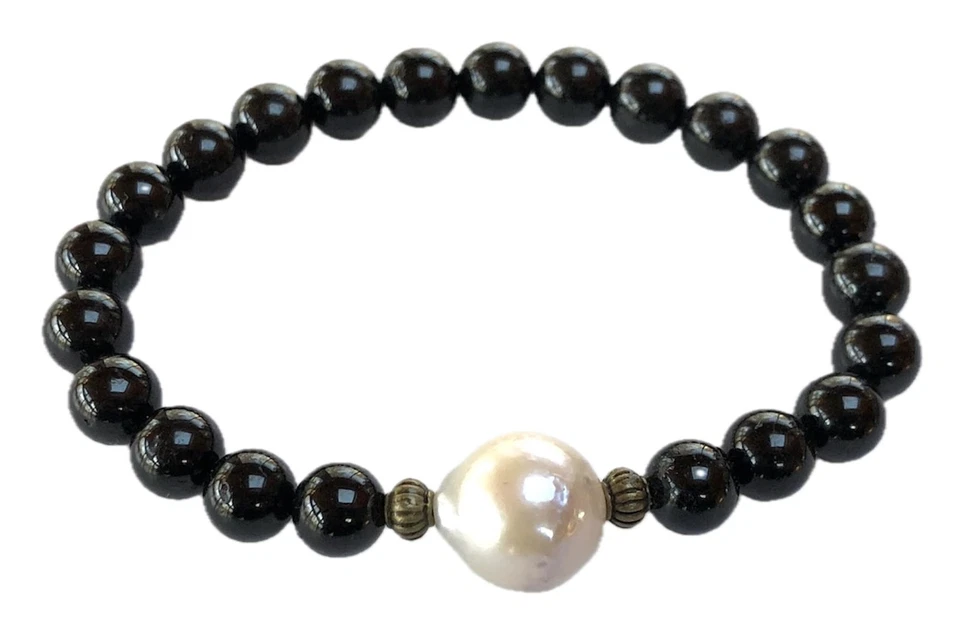 Black Tourmaline and Pearl Stretch Bracelet - Image 3 of 4