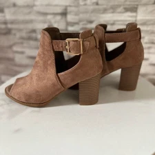 Top Moda || Women Brown Buckle Peep Toe Suede Chunky Ankle 3 inch Heel