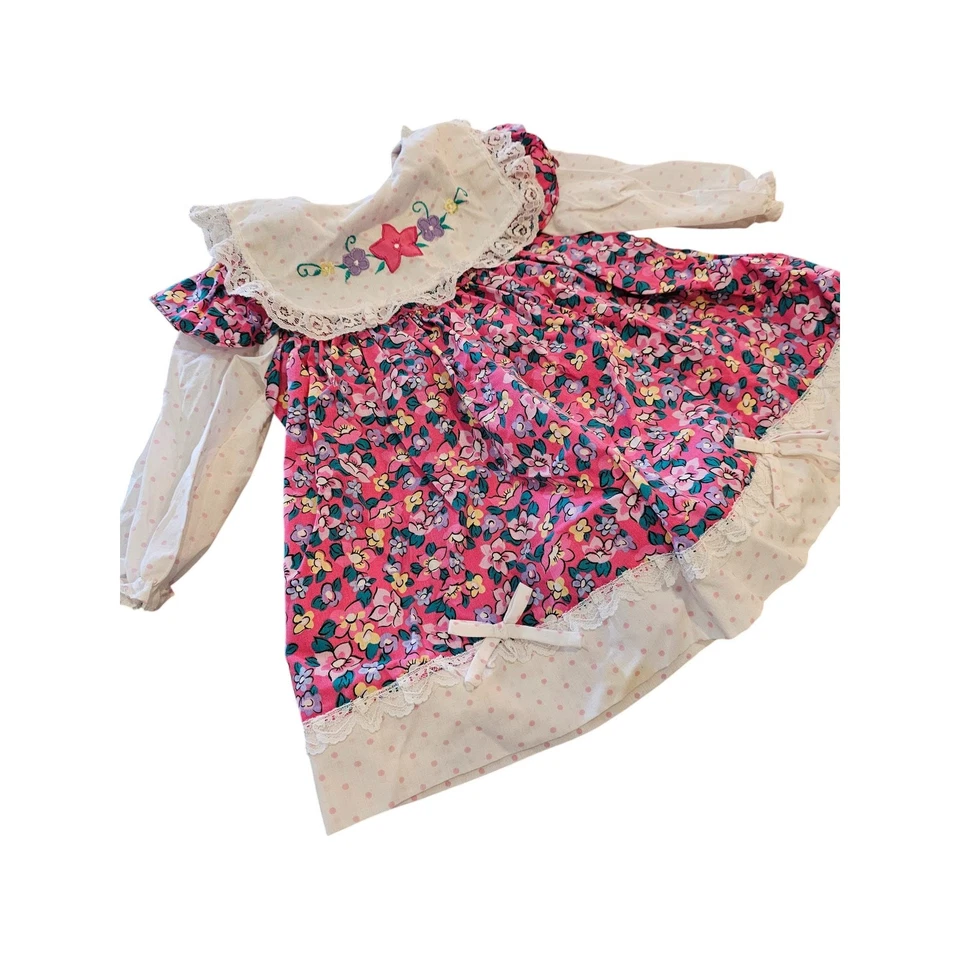 Vintage 1990s Cradle Togs Baby Girls Sz 18M Long Sleeve Pink Floral Dress Lace - Image 2 of 4
