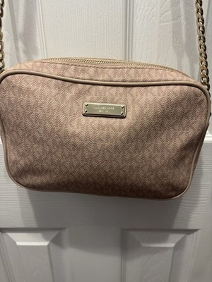 Michael Kors Jet Set Travel Pink Signature MK Logo Crossbody Bag Gold Chain