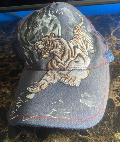 Y2K Gem  Blue Tiger Print Mesh Trucker Hat Adjustable 