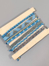Set of 7 Blue Beaded Cord Adjustable Bracelets Glass Gold Tone Boho Stacking