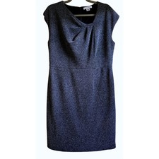 Classic Chic Liz Claiborne Women's L Navy White Tweed Sheath Dress Draped Neck