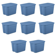 Sterilite 18 Gallon Plastic Storage Bin with Snap-on Lid, Light Blue, 8 Pack FRS