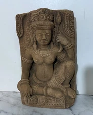 BEAUTIFUL KHMER STYLE SANDSTONE SCULPTURE OF A FEMALE DEITY HOLDING A FLOWER