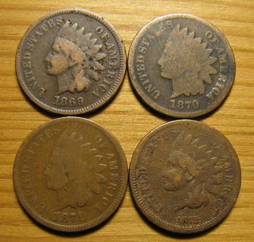 LOT OF (4) 1869 1870 1871 1872 INDIAN HEAD CENTS FROM COIN COLLECTION PENNY SET