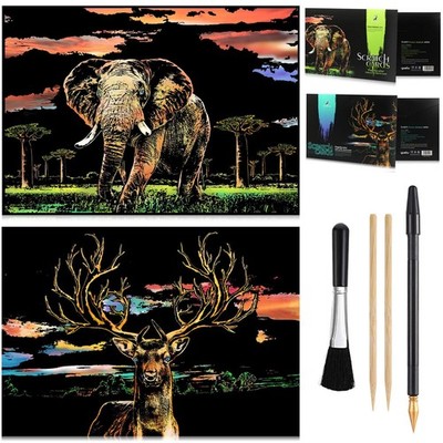 2 PACK Animal scratch art rainbow painting paper, Engraving Art & Craft Sets,...