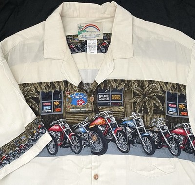 Vintage Paradise Found Motorcycles 100% Rayon Hawaiian Aloha Camp Shirt Men s L