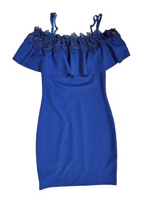 BCX Lace Ruffle Off Shoulder Spaghetti Strap Fitted Dress Blue Juniors Size 3