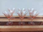Set of 6 Etched Pink Depression Champaign Stem Glasses 5" SMALL CHIPS