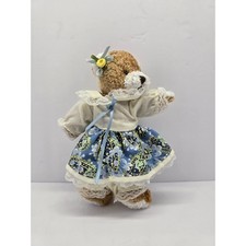 Vintage Collectible Teddy Bear Plush Doll w/ Blue Floral Dress Lace Outfit 9