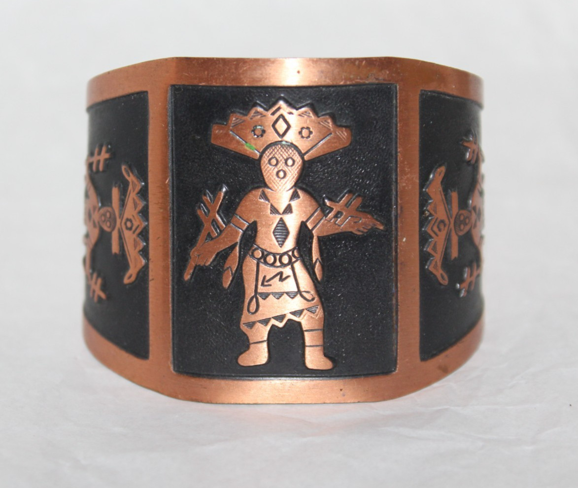 Vintage Solid Copper Kachina Dancer Wide Cuff Bra… - image 1