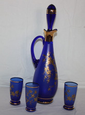 Kobalt Glas Likör-Set Karaffe 3 Gläschen