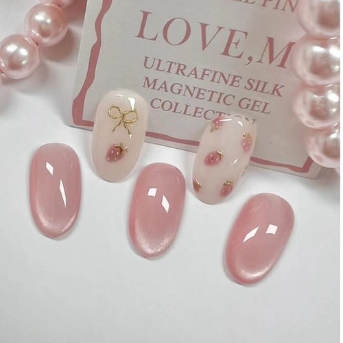 24x Press on Nails Short Cat Eye Glossy Pink Glitter False Nails Glue On Nails - Bild 7 von 12