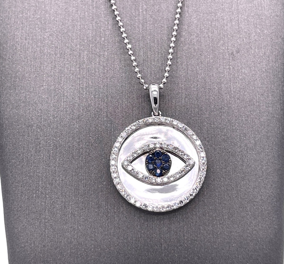 14k White Gold Sapphire Diamond Evil Eye Necklace