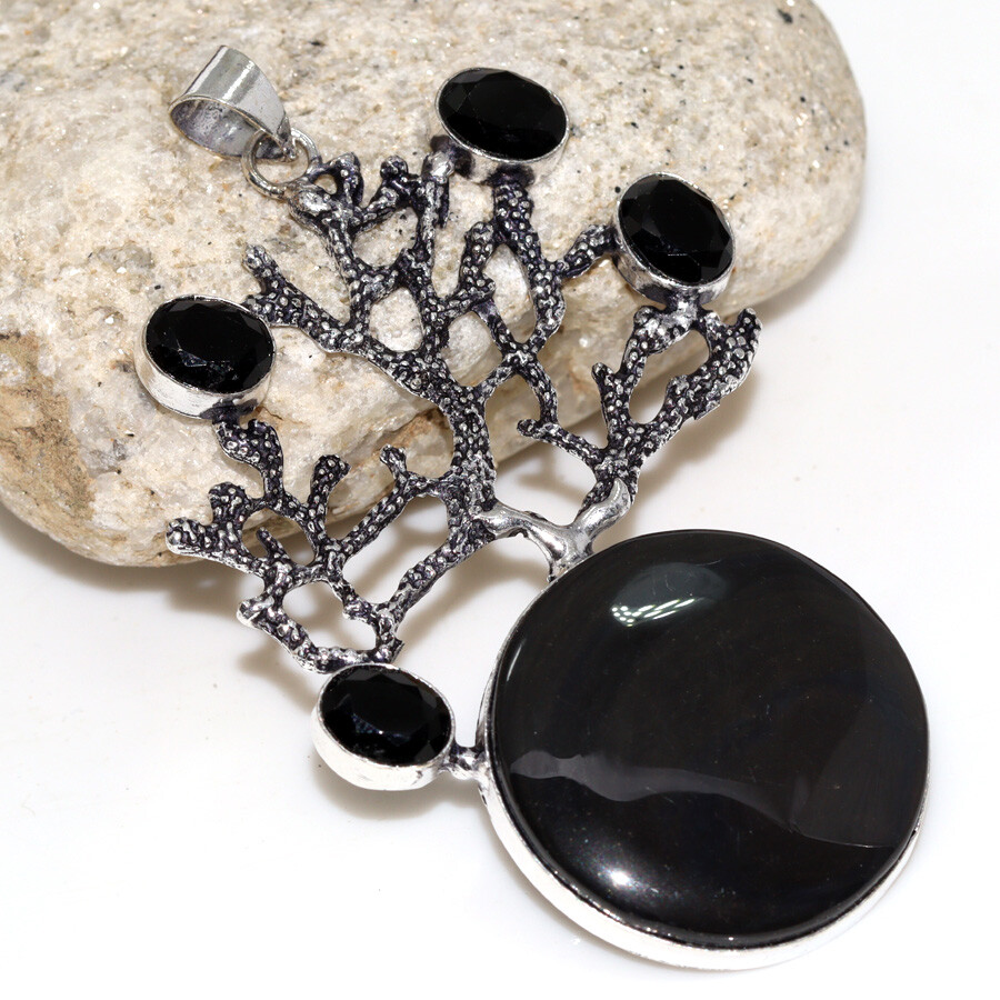 Black Obsidian Black Onyx Long Tree of Life Pendant Jewelry Size 3.1