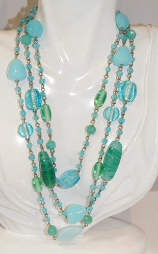 Turquoise Bleu Turquoise Verre Câblé Perle 3 Niveau Argent Ton Collier 4k 64