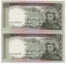PORTUGAL 2 X 20 ESCUDOS 1964 RUNNING CONSECUTIVE NUMBERS PICK 167 LOOK SCANS