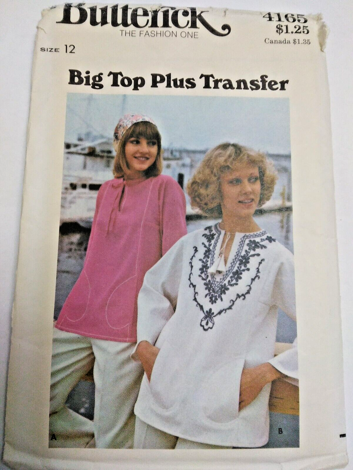 Tunic Big Top Blouse Transfer 12 Butterick 4165 Sewing Pattern VTG 70s Pullover