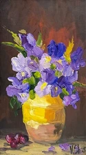 Original Oil Painting Irises Flowers Spring Impressionist Still Life Art Signed