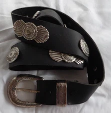 Southwest Concho Silver Tone BELT Ranger Buckle Set Black Leather Size 40-45.5