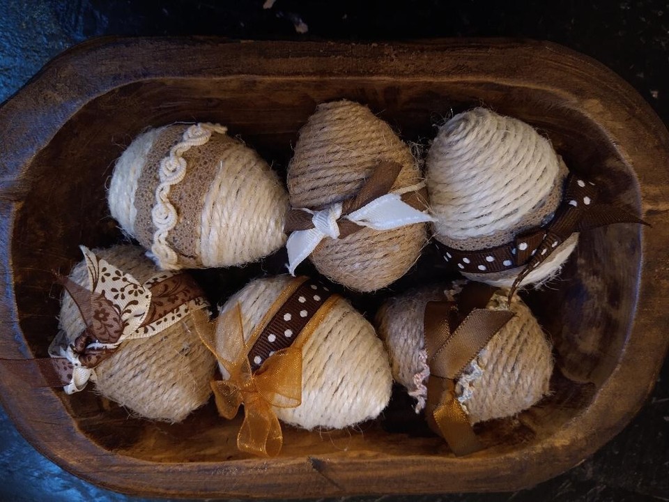 Set of 6 Embellished Country Farmhouse Jute Eggs Bowl Filler Home