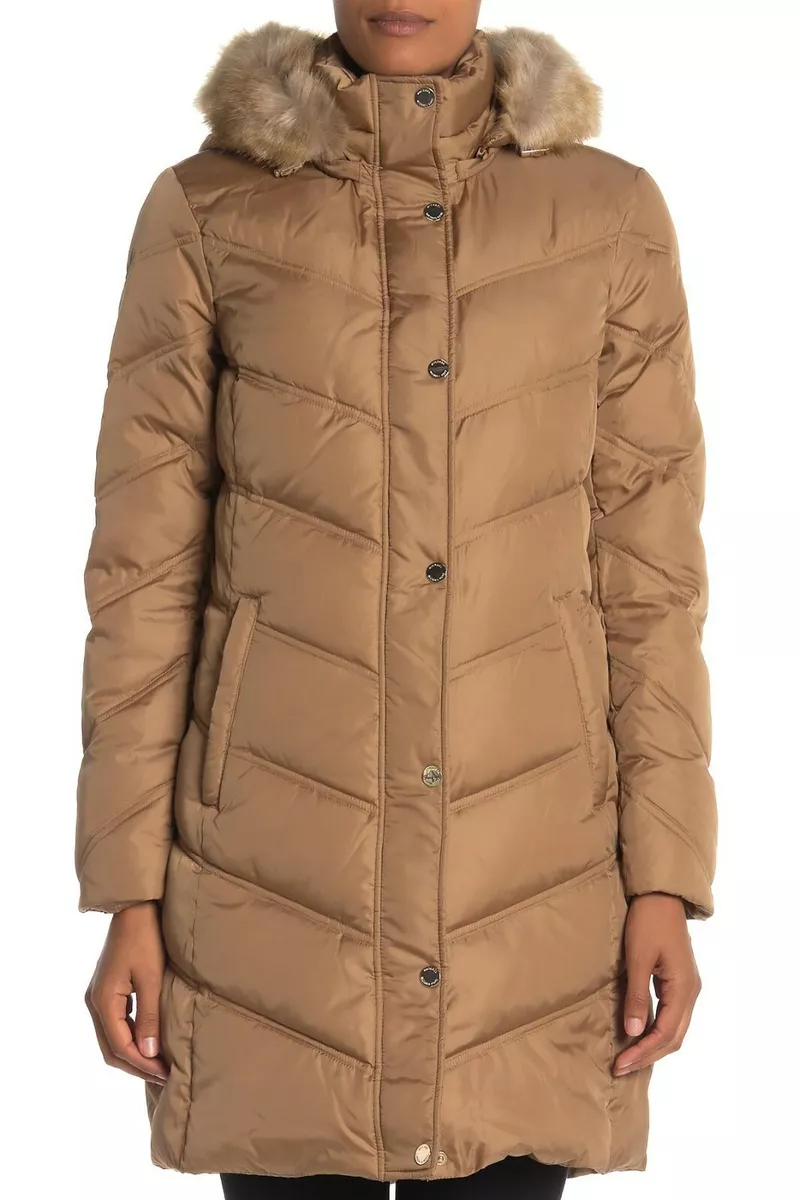 285 Michael Kors Faux Fur Trim Hooded Chevron Quilted Down Puffer Coat L Camel