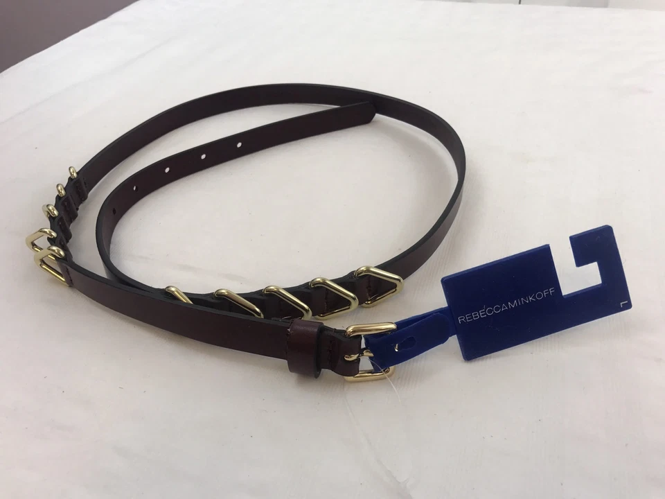 NUEVO CON ETIQUETAS REBECCA MINKOFF - Cinturón de cuero borgoña tachonado dorado para mujer talla M,L Foto 2 de 4