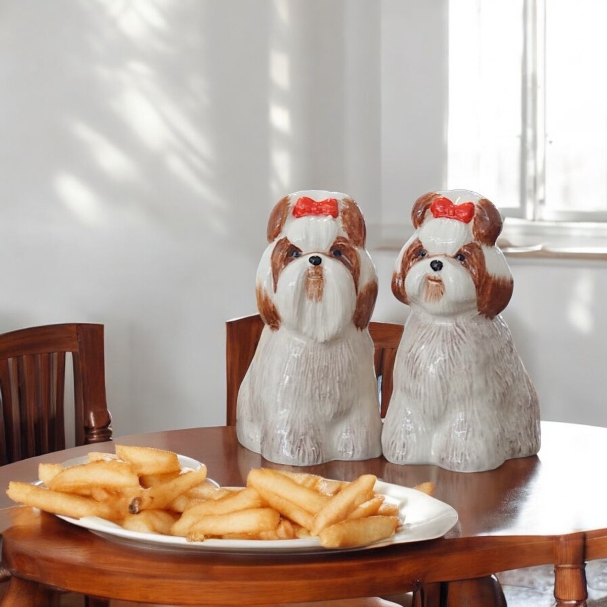 SET Salt&Pepper Shaker Ceramic Shih Tzu Dog Figurine Hand Paint