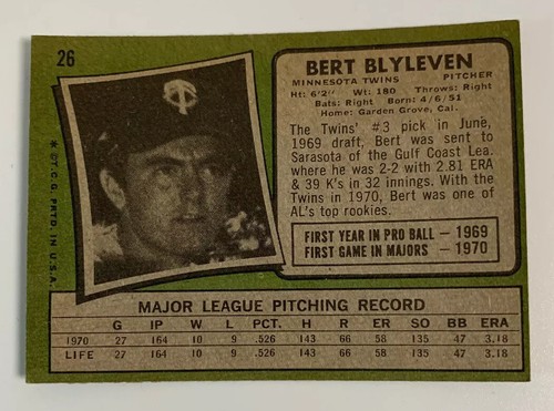 1971 Bert Blyleven # 26 Rookie RC Minnesota Twins Topps Baseball Card - Picture 2 of 2