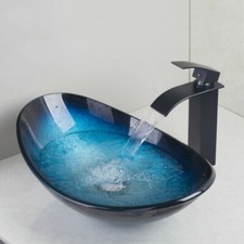 Oval Tempered Glass Vessel Sink  Faucet For Bathroom Pop-Up Drain Combo Tap Set
