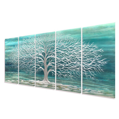 Blue Green Metal Wall Art with Silver Tree of Life 3D Artwork Extra Large Tea...