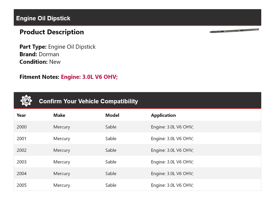 Varilla de medición de aceite de motor Dorman para Mercury Sable 2000-2005 3,0 L V6 OHV 2001 2002 Foto 2 de 4