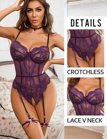  Lingerie Sets for Women Sexy Lace Corset Bodysuit with Garter X-Large Purple