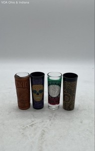 Mexico Souvenir Shot Glasses 4 Pc Lot Sugar Skull Leather Wrap Matamoros Vintage