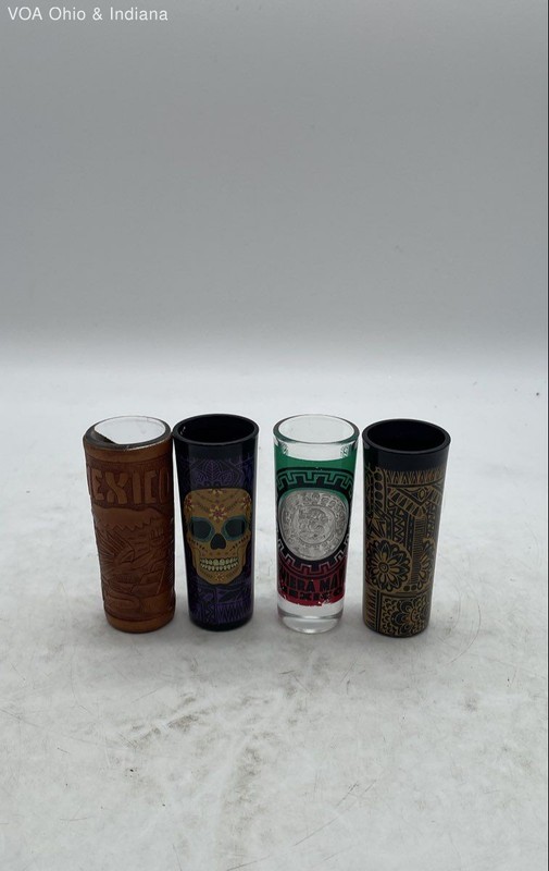 Mexico Souvenir Shot Glasses 4 Pc Lot Sugar Skull Leather Wrap Matamoros Vintage